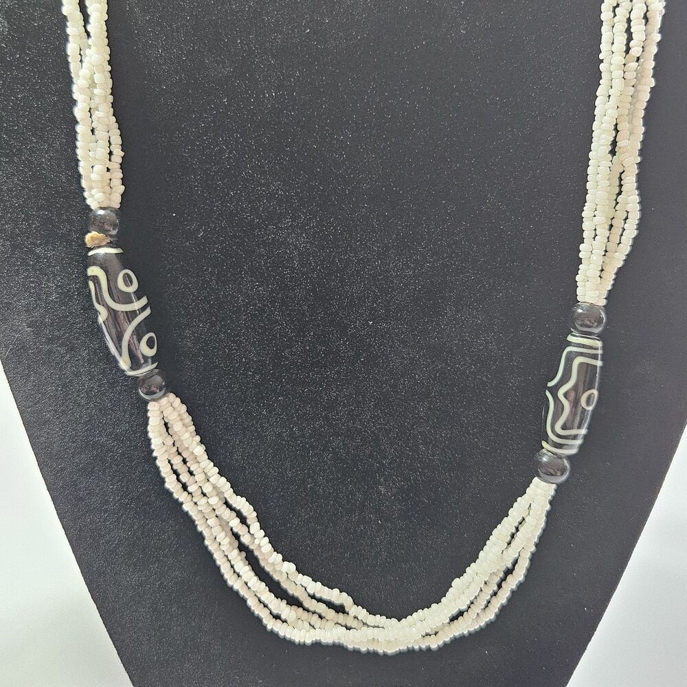 White Layered Seed Bead Necklace With Black Accent Beads 30"
